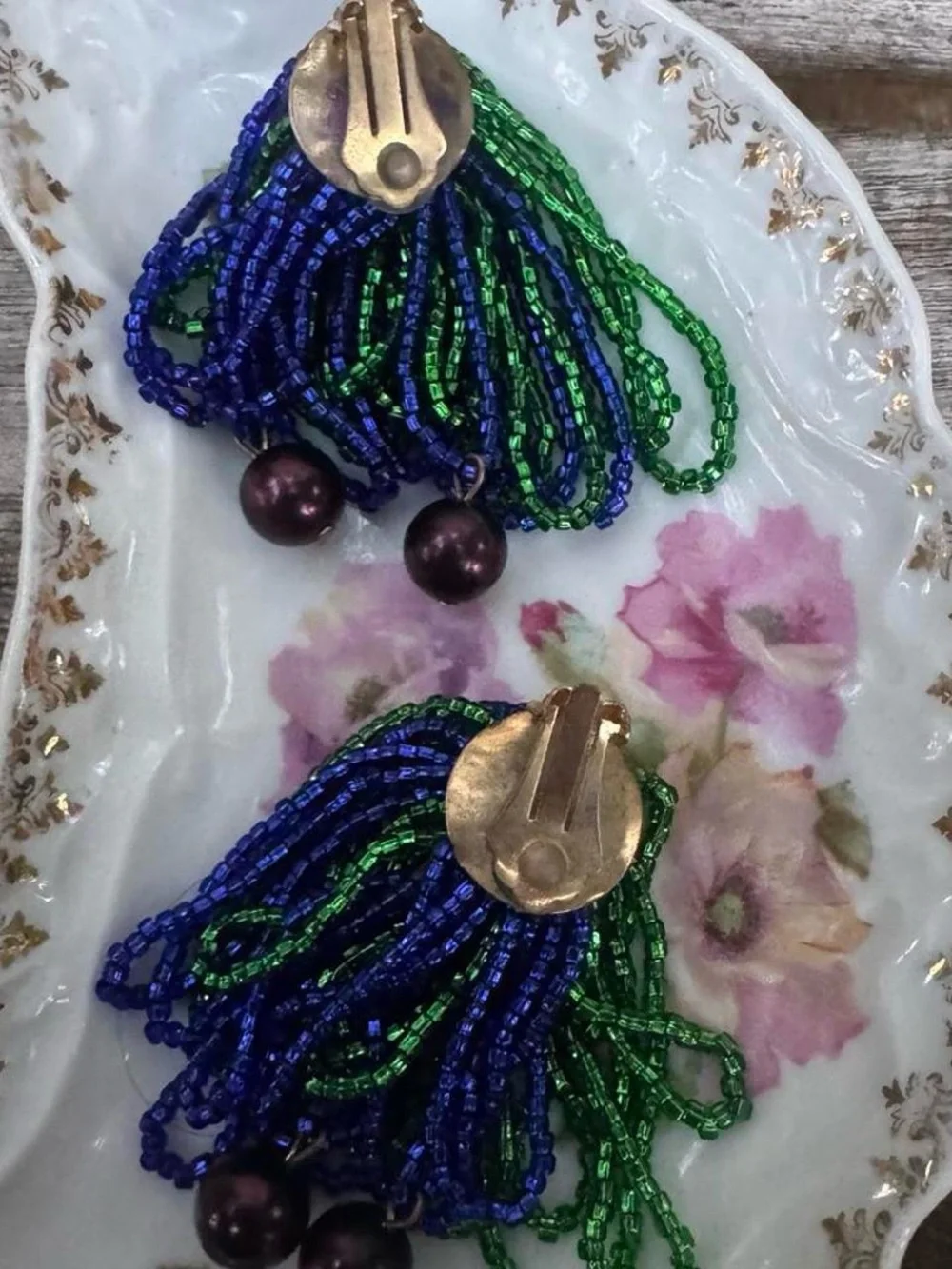 80’s vintage Beaded Tassel Earrings in Green & Blue with black Pearls